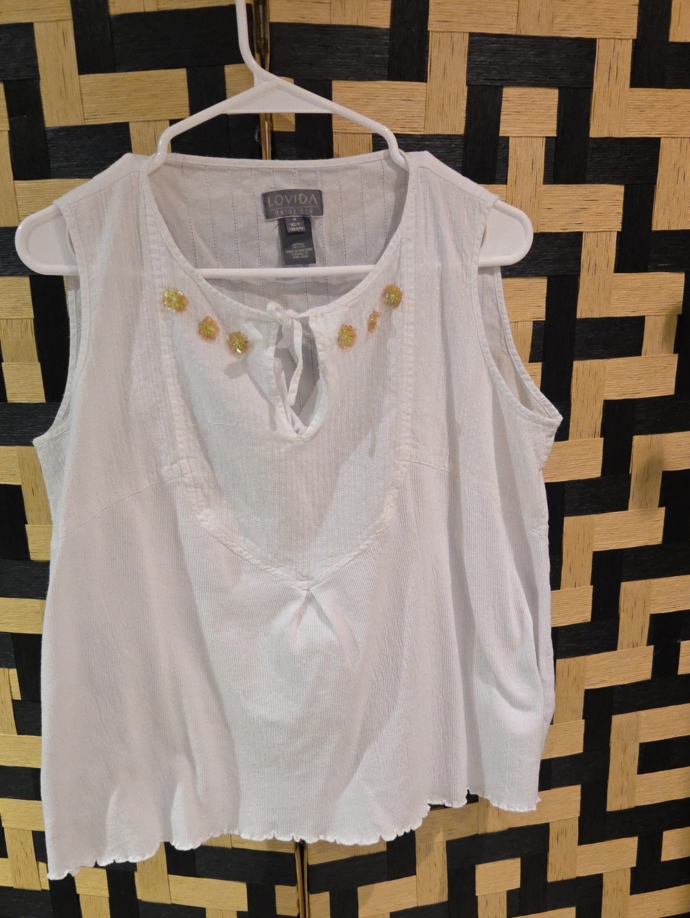 VIDA White Sleeveless Embroidered Tie-Neck Camisole with Yellow Floral Accents